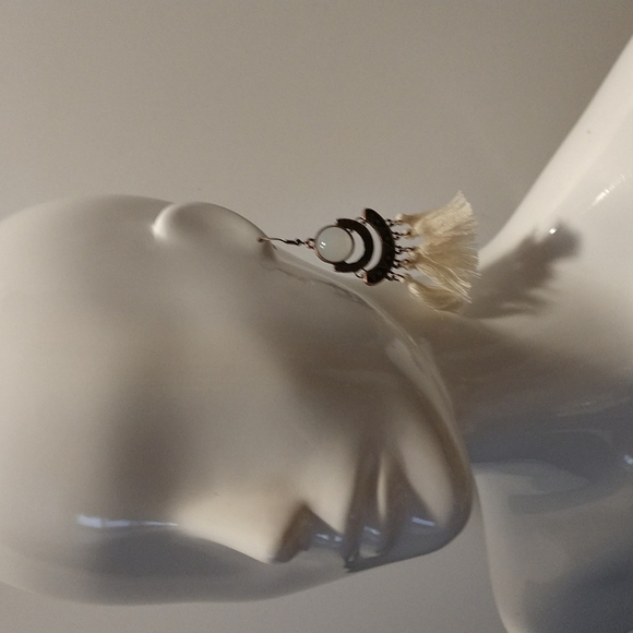 Moonstone Tassel Fishhook 3.5" Earrings Boho Aztec Cream Copper Color - Picture 2 of 7